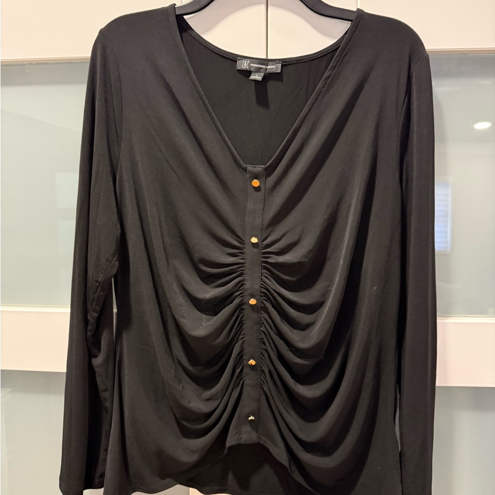 INC International Concepts Elegant Black V-Neck Ruched Women's Top Size Large - Picture 4 of 9